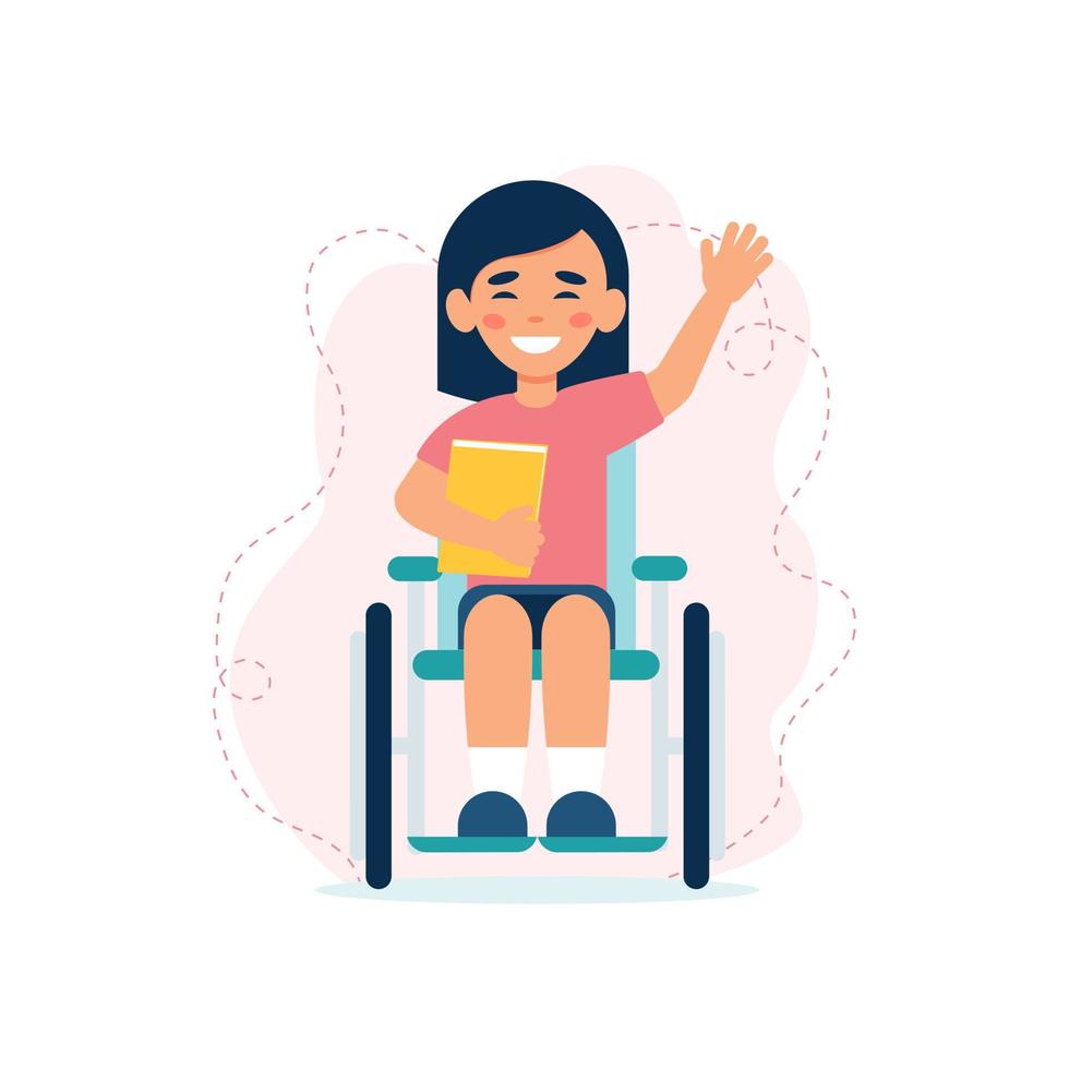 linda chica sonriente en silla de ruedas. niño con discapacidad. concepto de educación, formación y adaptación social de las personas con discapacidad. oportunidades iguales. inclusividad ilustración vectorial vector