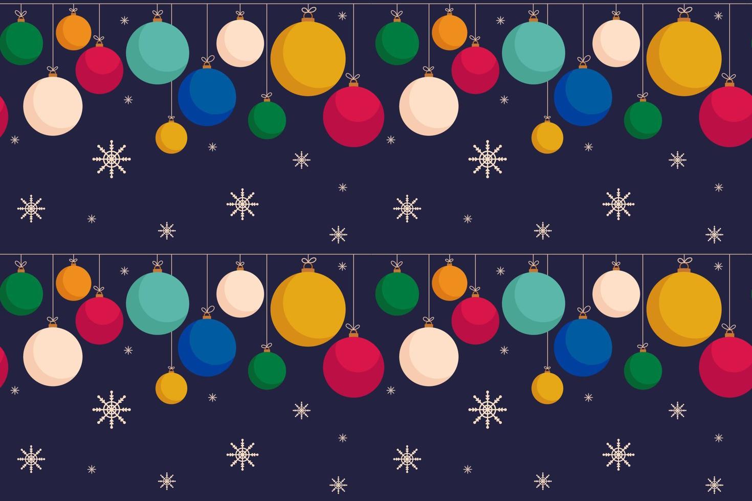 Seamless pattern of hanging multicolored Christmas balls on dark background. Garland of Christmas tree toys. Design for gift wrapping, textiles, wallpaper. New Year's background. Vector illustration