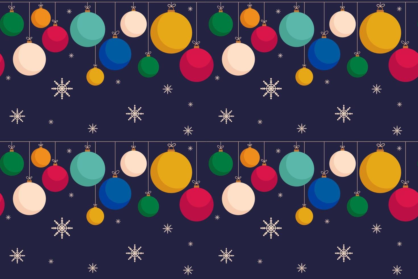 Seamless pattern of hanging multicolored Christmas balls on dark background. Garland of Christmas tree toys. Design for gift wrapping, textiles, wallpaper. New Year's background. Vector illustration