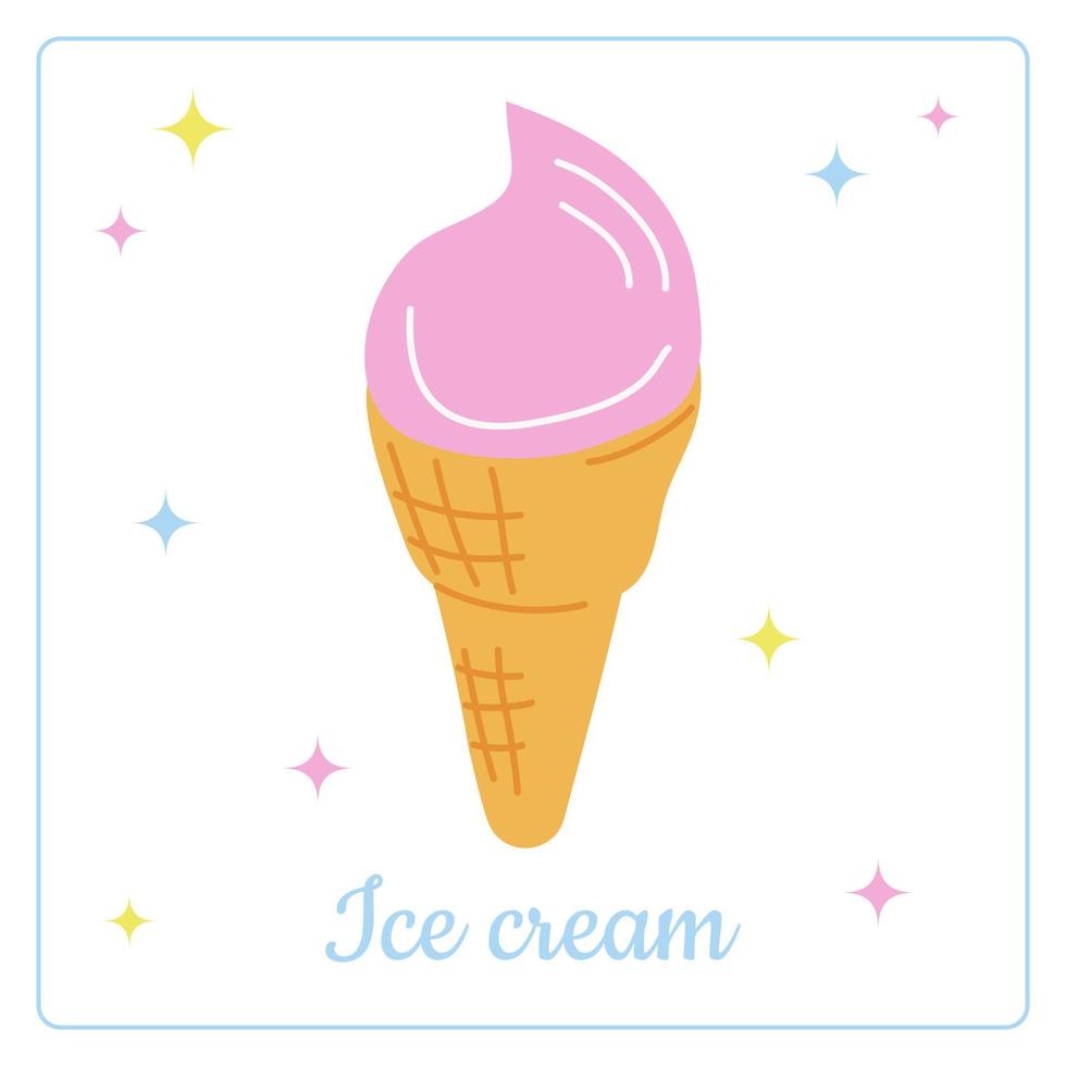 cono de helado de gofre dibujado a mano. garabatos postre dulce. tarjeta de felicitación de verano brillante, plantilla para invitaciones, pancartas, carteles. comida de icono de color simple. ilustración vectorial vector