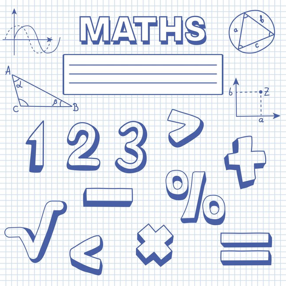 portada del cuaderno escolar para matemáticas. hoja de cuaderno en jaula  con símbolos matemáticos, fórmulas, gráficos,