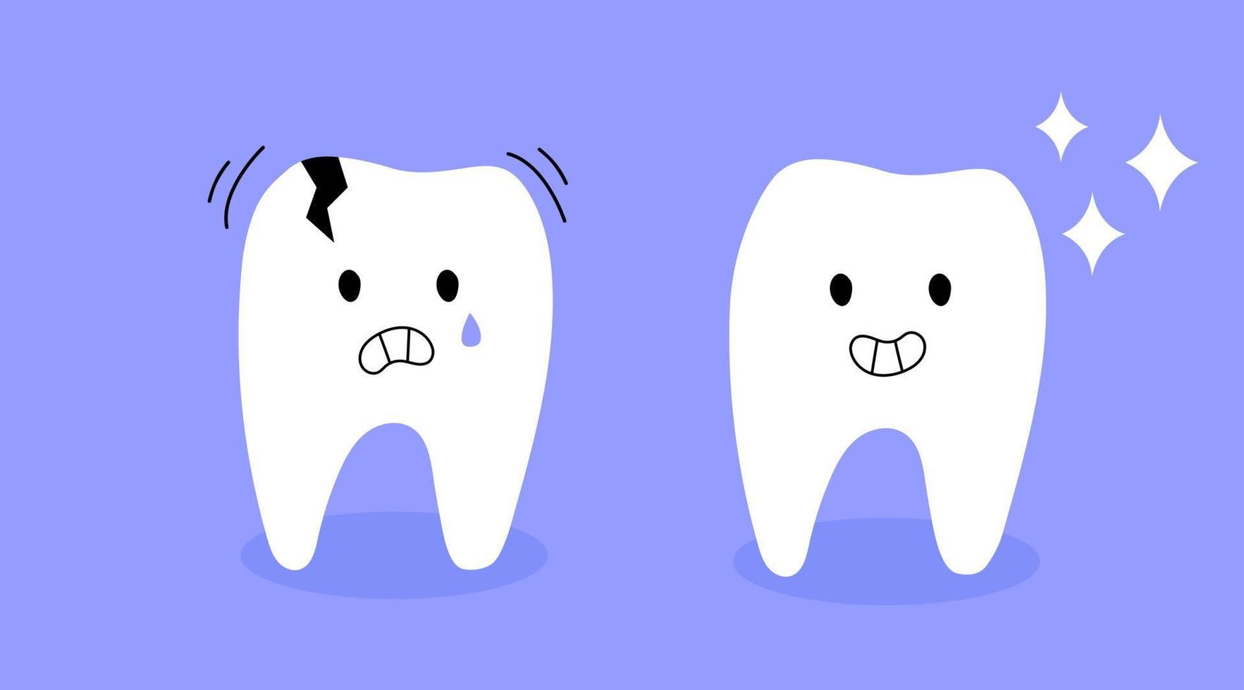 caries de los niños. diente con caries. diente enfermo y sano. ilustración de clínica dental para niños. estilo de vida saludable. concepto dental. diente lindo vector