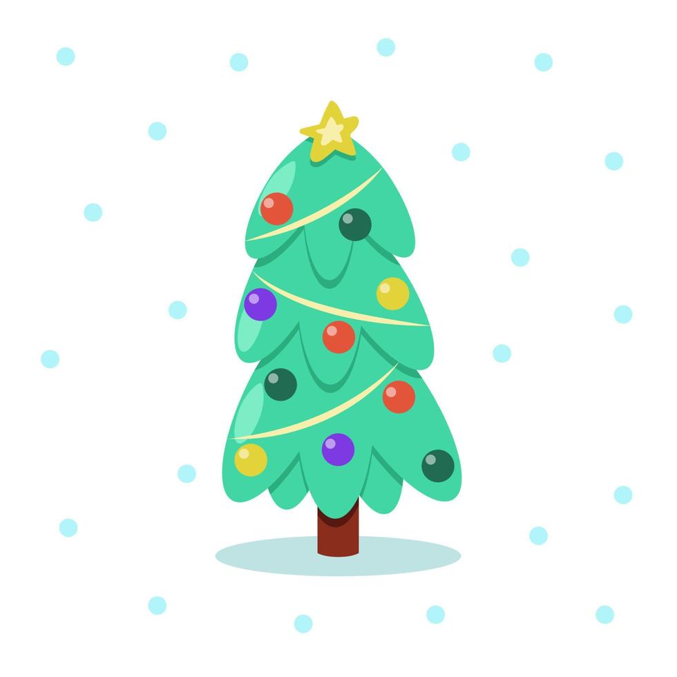 Vector Christmas tree in cartoon style. Decorated symbol of the Christmas and New year holidays. Isolated flat element