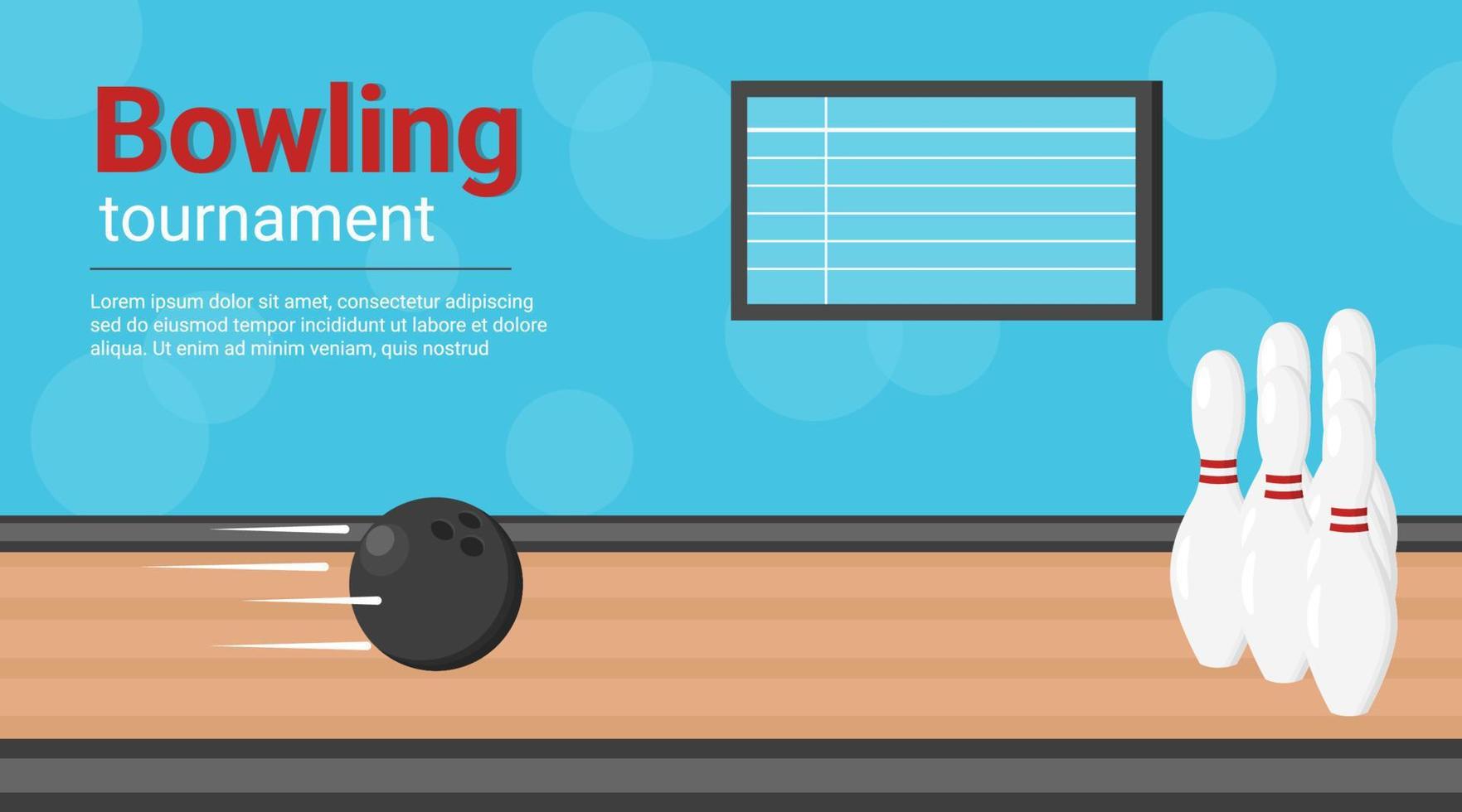 Bowling tournament vector banner. Horizontal poster with ball and pins on bowling alley