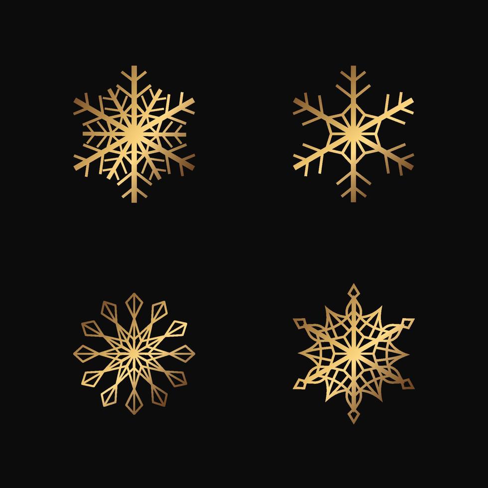 Vector golden snowflakes on the black background. Isolated outline flakes set. Gold collection for winter decor.