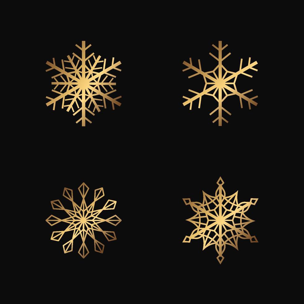 vector copos de nieve dorados sobre el fondo negro. conjunto de copos de contorno aislado. colección de oro para la decoración de invierno.