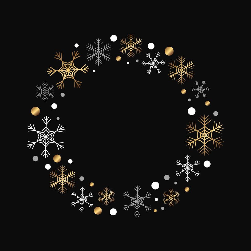 marco redondo vectorial con copos de nieve y puntos. copos de nieve dorados y blancos aislados dispuestos en círculo. colección de oro para la decoración de invierno. corona navideña para el diseño de año nuevo vector