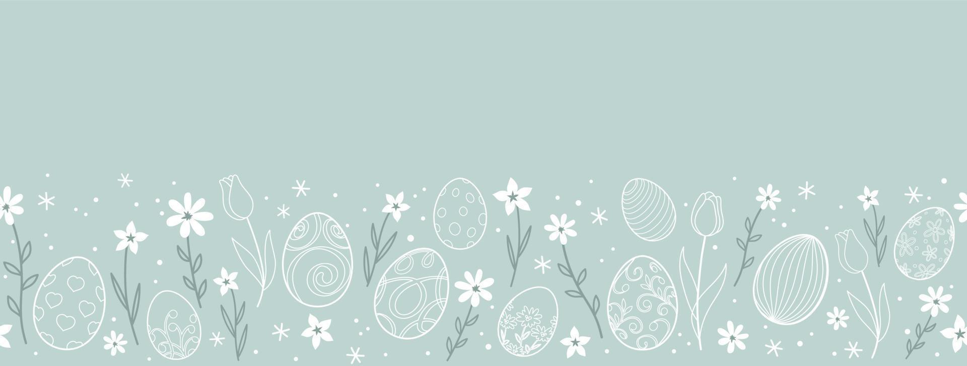 Easter Vector Background Illustration With Easter Eggs, Flowers, And A Text Space On A Blue Background. Horizontally Repeatable.
