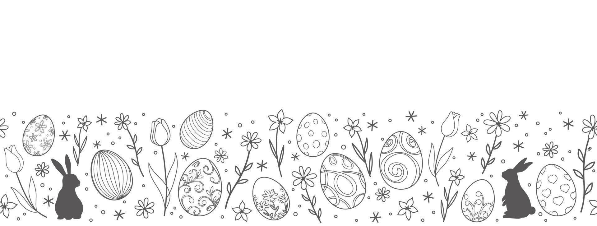 Easter Vector Background Illustration With Easter Bunnies, Eggs, Flowers, And A Text Space On A White Background. Horizontally Repeatable.