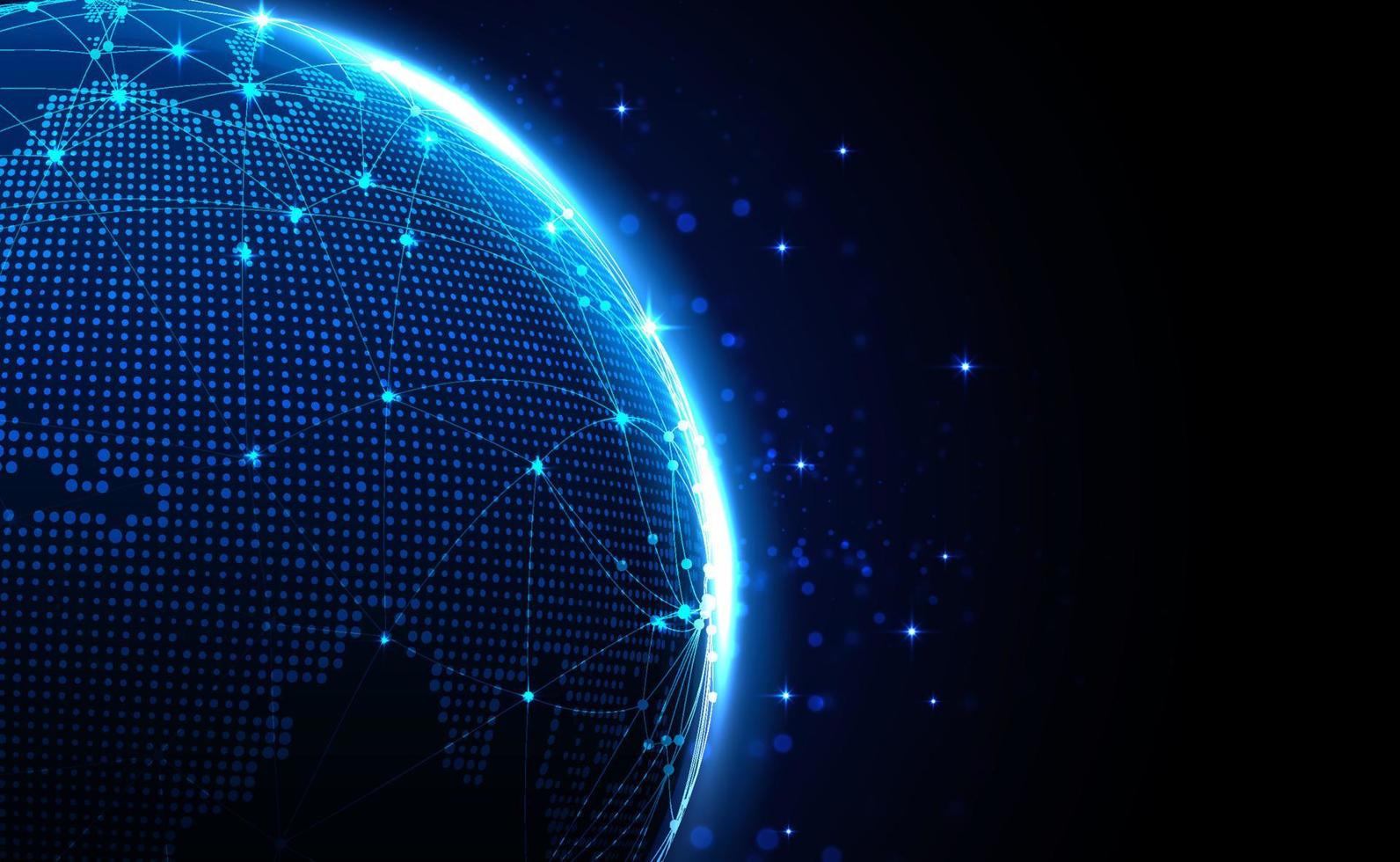 Digital technology worldwide global network internet connection blue background, Abstract cyber tech futuristic planet map world, Ai big data, Innovation 5g wireless wifi future, illustration vector