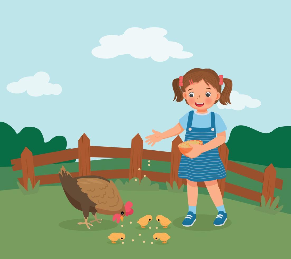 niña feliz alimentando pollos en la granja vector
