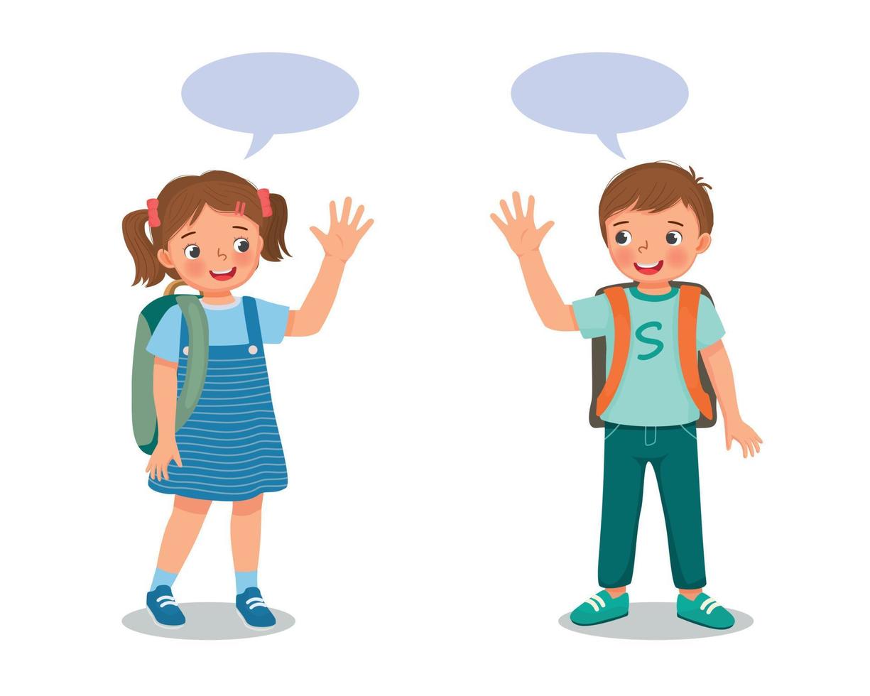 two cute schoolkids with backpack boy and girl say goodbye or hello waving hands to each others vector