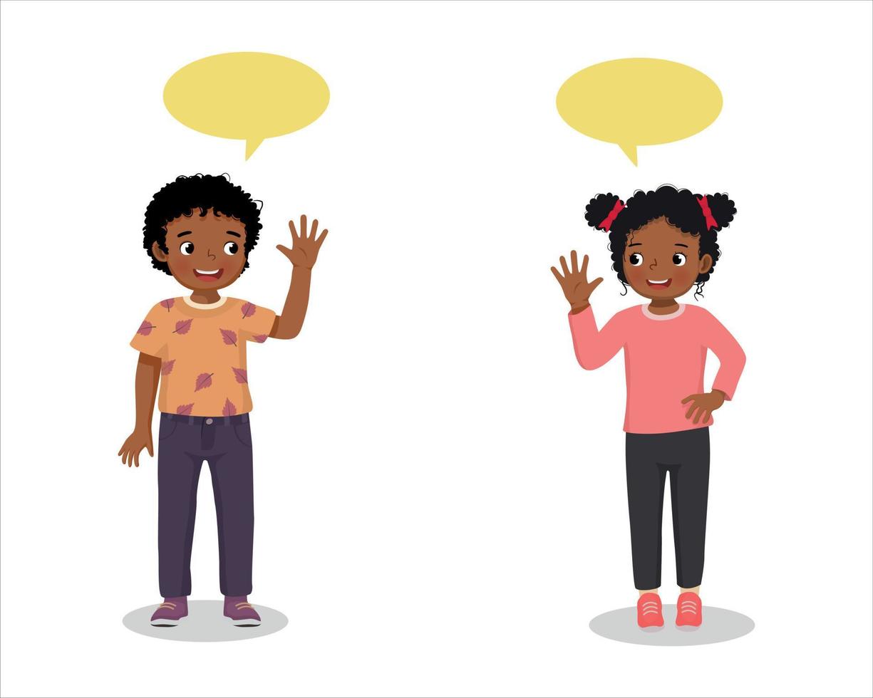 two African kids boy and girl say goodbye or hello waving hands to each others vector