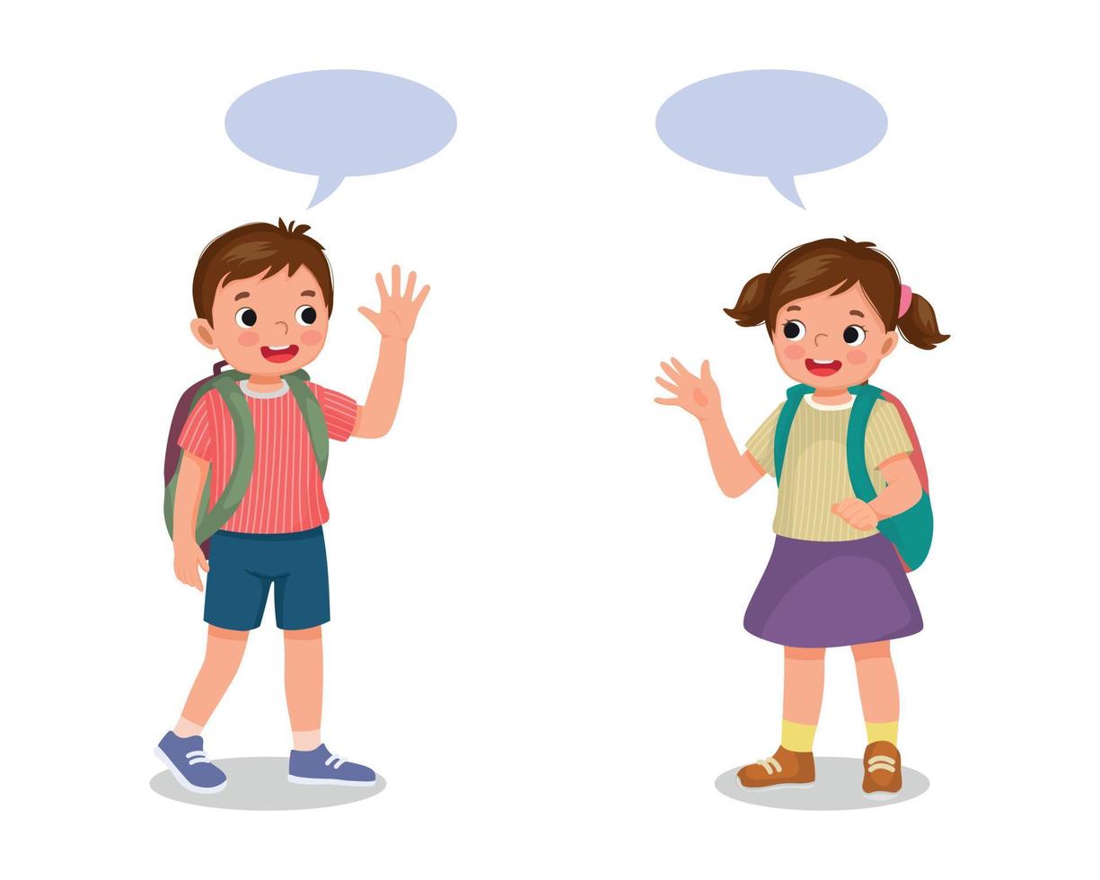 two schoolkids with backpack boy and girl say goodbye or hello waving hands to each others vector