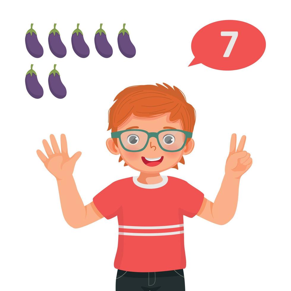 Cute little boy counting with finger showing number seven with hand gesture vector