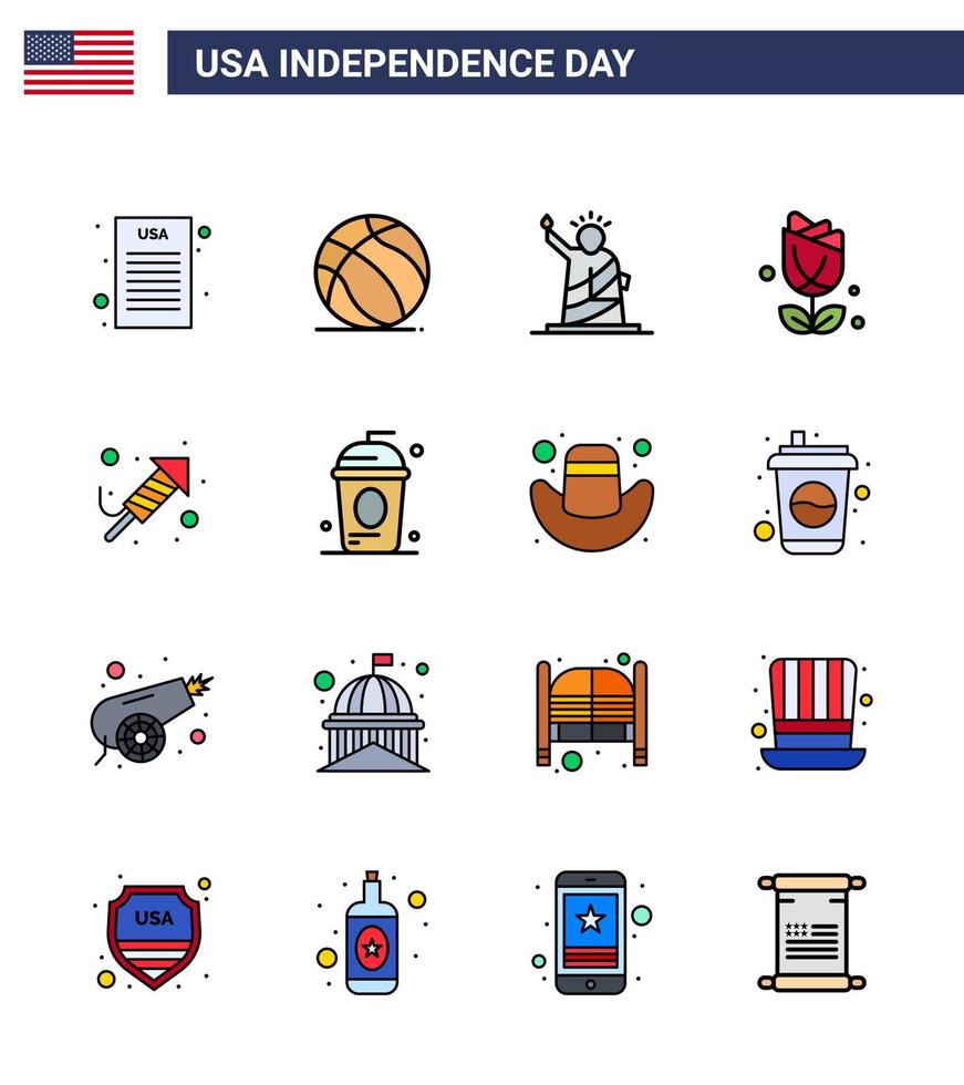 gran paquete de 16 estados unidos feliz día de la independencia líneas planas llenas de vectores de estados unidos y símbolos editables de religión plenitud libertad estados unidos flor editable elementos de diseño de vectores del día de estados unidos