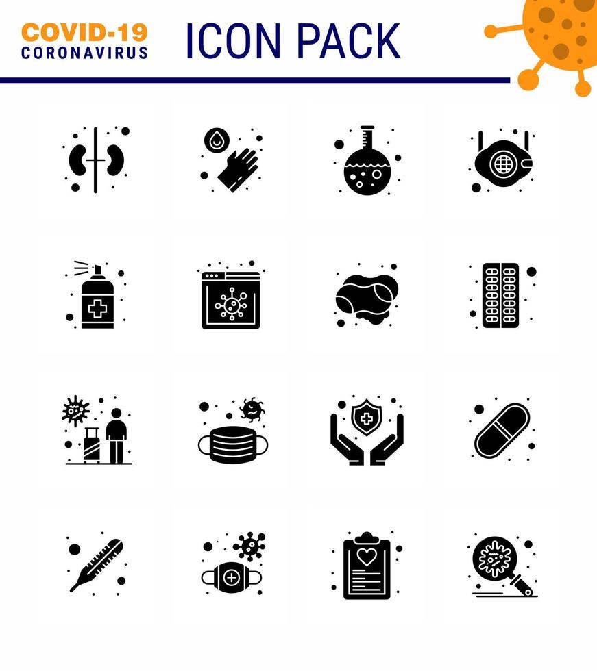 Covid19 Protection CoronaVirus Pendamic 16 Solid Glyph Black icon set such as hand spray lab n medical viral coronavirus 2019nov disease Vector Design Elements