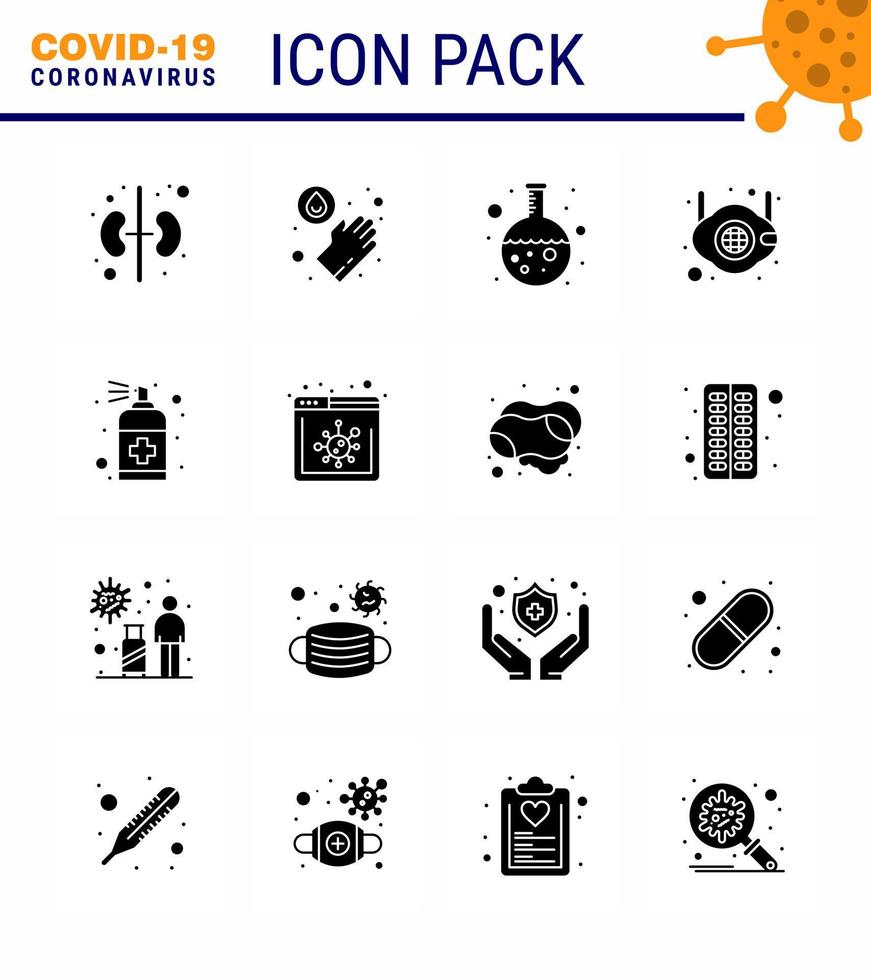 covid19 protección coronavirus pendamic 16 conjunto de iconos negros de glifo sólido como laboratorio de pulverización manual n coronavirus viral médico 2019nov elementos de diseño de vectores de enfermedades