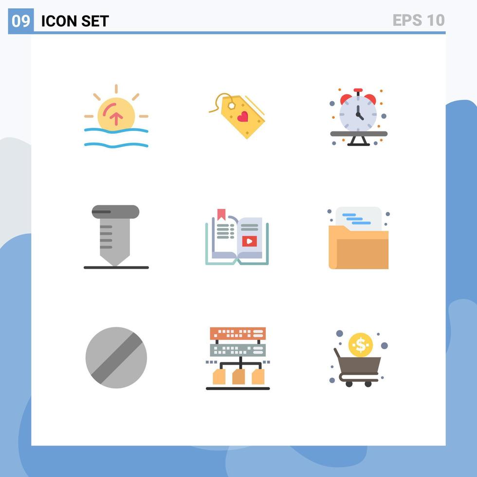 9 símbolos universales de signos de color plano de herramientas de video ofrecen elementos de diseño vectorial editables de tiempo de tornillo vector