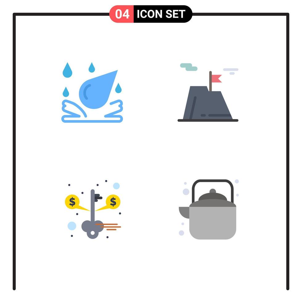 símbolos de iconos universales grupo de 4 iconos planos modernos de gota de agua dinero bandera logro éxito elementos de diseño vectorial editables vector