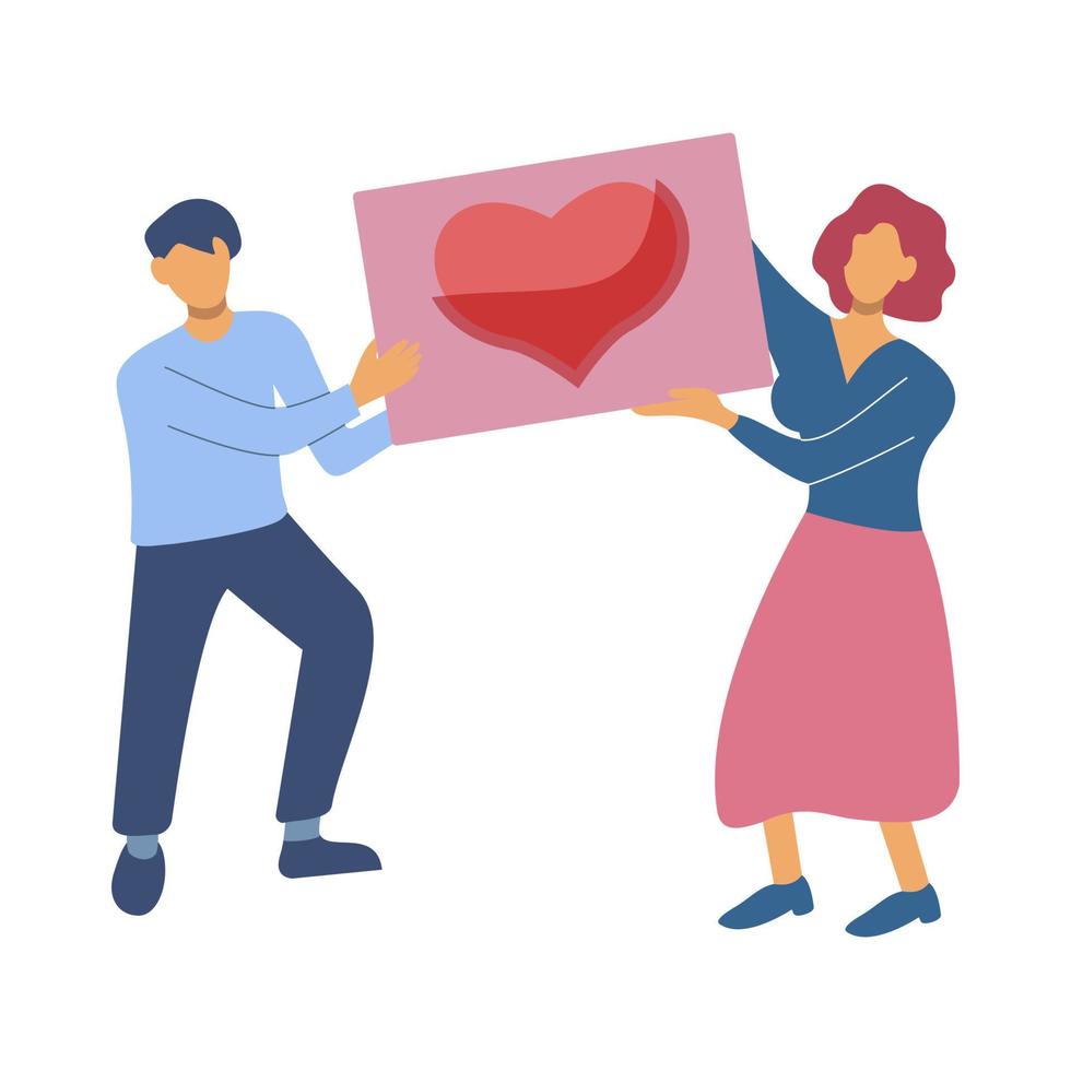 Man and woman holding a poster with the image of a heart.  The concept of close relationships and love. Flat vector illustration.