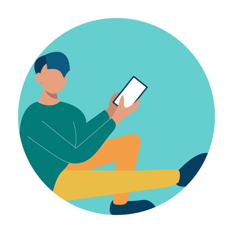 A young man is locked in a circle of dependence on the phone. Flat vector illustration.