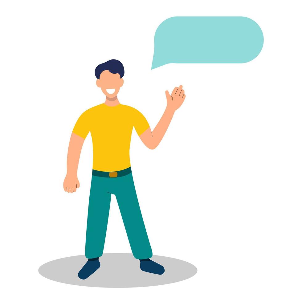 A man saying a friendly word or a phrase. Young good looking man doing greet pose and say something. Vector flat illustration.