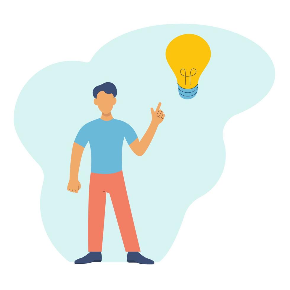 The man pointing to the bulb. Idea concept. Vector flat design illustration.