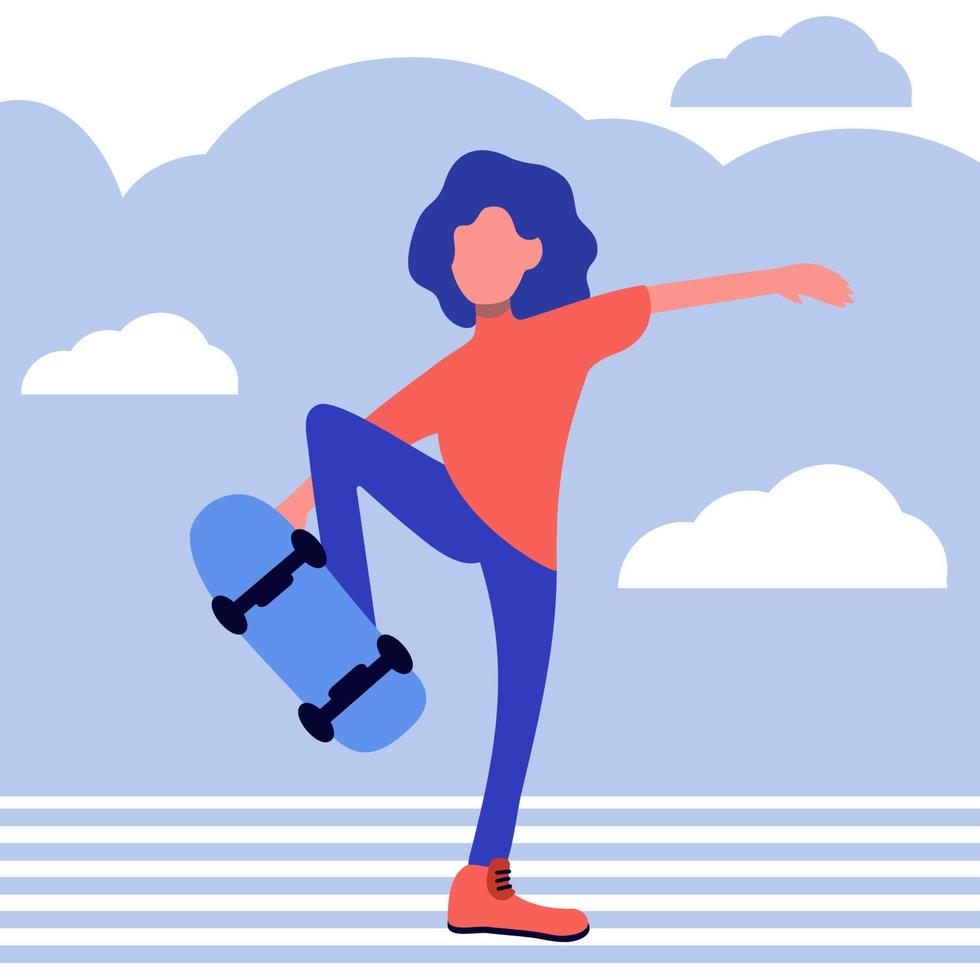 A girl performs a trick with a skateboard. The concept of a healthy lifestyle. Vector flat illustration.