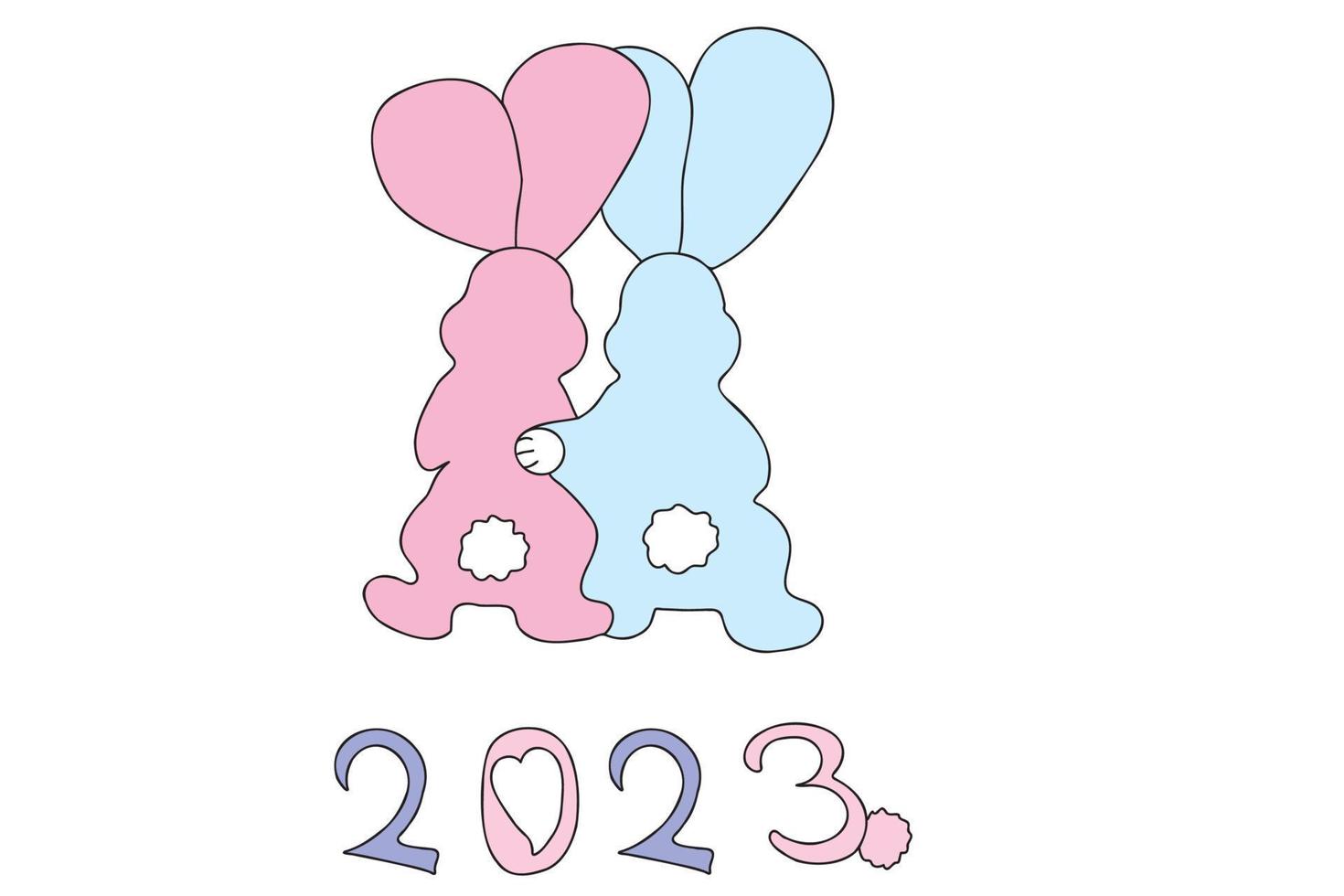 The picture shows pink and blue rabbits hugging each other with their backs turned. It is intended for New Year's, Christmas, Valentine's Day, March 8, clothing printing, and you can use vector