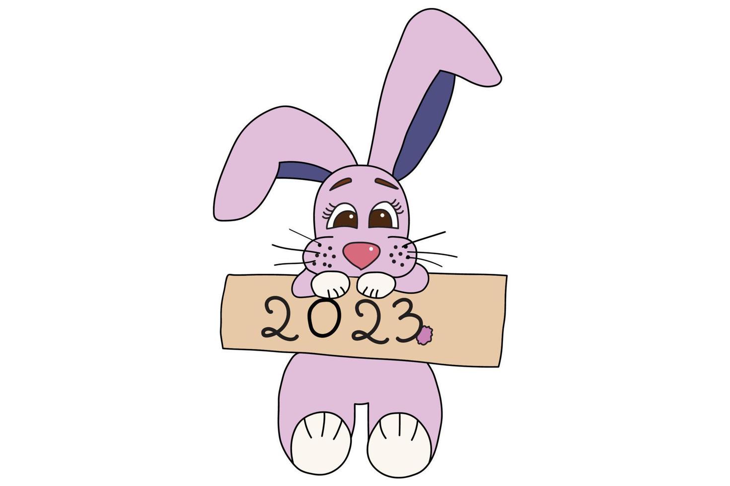 The picture shows a rabbit holding a sign that says 2023. It is intended for New Year's, Christmas holidays, cards, clothes printing, printing, and you can use it in various cases. vector