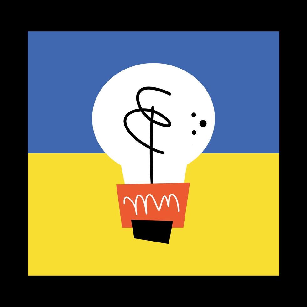 Light bulb with Ukrainian flag on the background. Electricity in Ukraine. Light energy problem. No power. Flat hand drawn simple design. vector