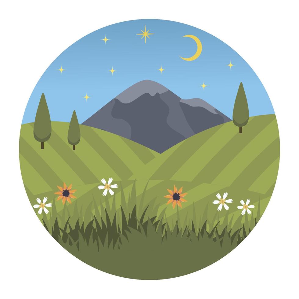 Rice field with mountain and trees. Japanese rice plantation. Asian agriculture. Rice production concept. Vector illustration