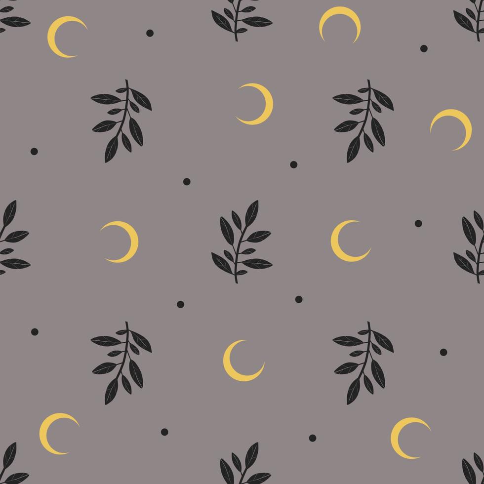 Seamless pattern with plants and moon. Boho mystical celestial clipart. Vector Illustration.