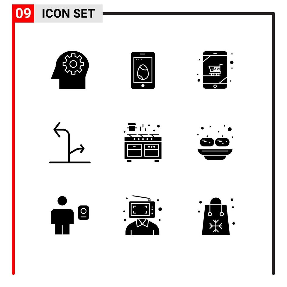 Solid Glyph Pack of 9 Universal Symbols of oven cooker device traffic directional Editable Vector Design Elements