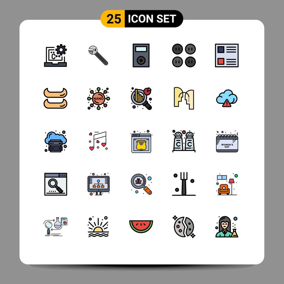 Group of 25 Modern Filled line Flat Colors Set for clothing buttons spanner technology ipod Editable Vector Design Elements