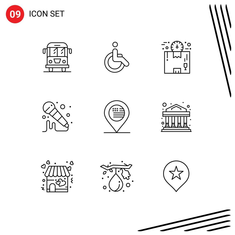9 Outline concept for Websites Mobile and Apps location sound box microphone time Editable Vector Design Elements