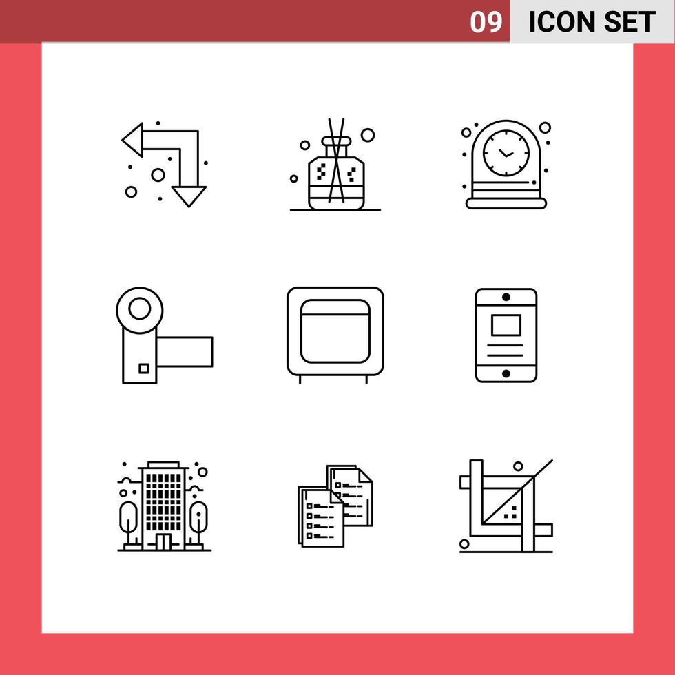9 User Interface Outline Pack of modern Signs and Symbols of bank gadgets clock electronics camcorder Editable Vector Design Elements