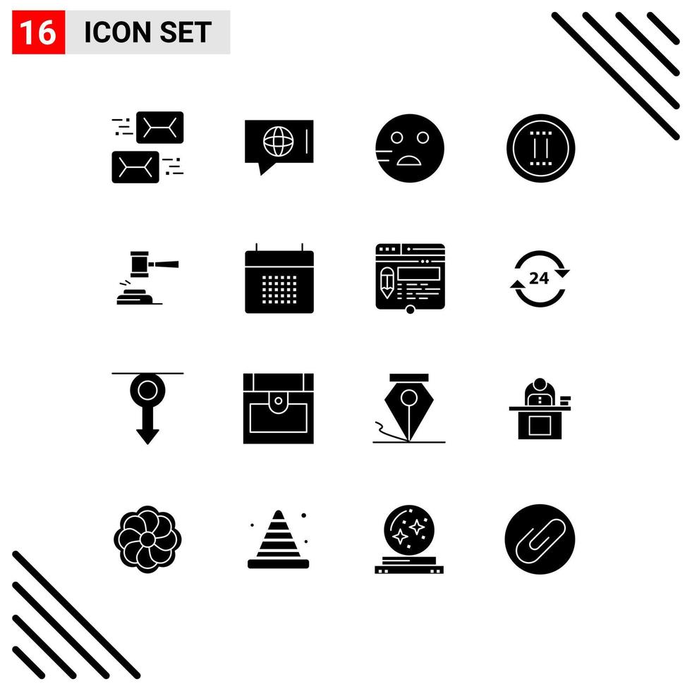 Modern Set of 16 Solid Glyphs Pictograph of auction pause service online movie Editable Vector Design Elements