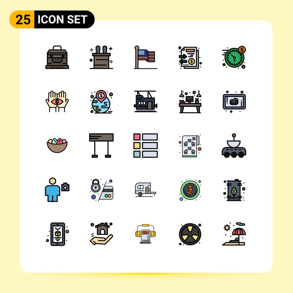 paquete de 25 modernos signos y símbolos de colores planos de línea rellena para medios de impresión web, como elementos de diseño de vectores editables de pila de reloj de acción de gracias en dólares de tiempo