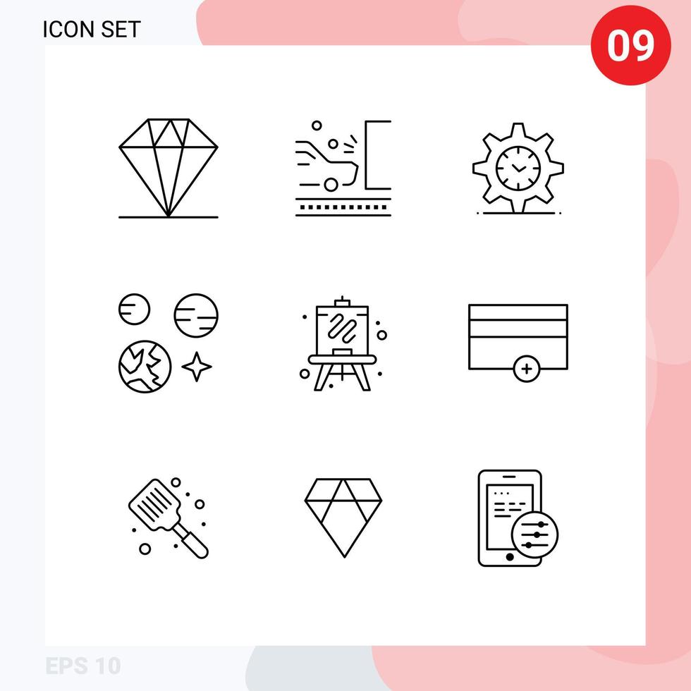 Group of 9 Modern Outlines Set for hobbies space gear science planet Editable Vector Design Elements