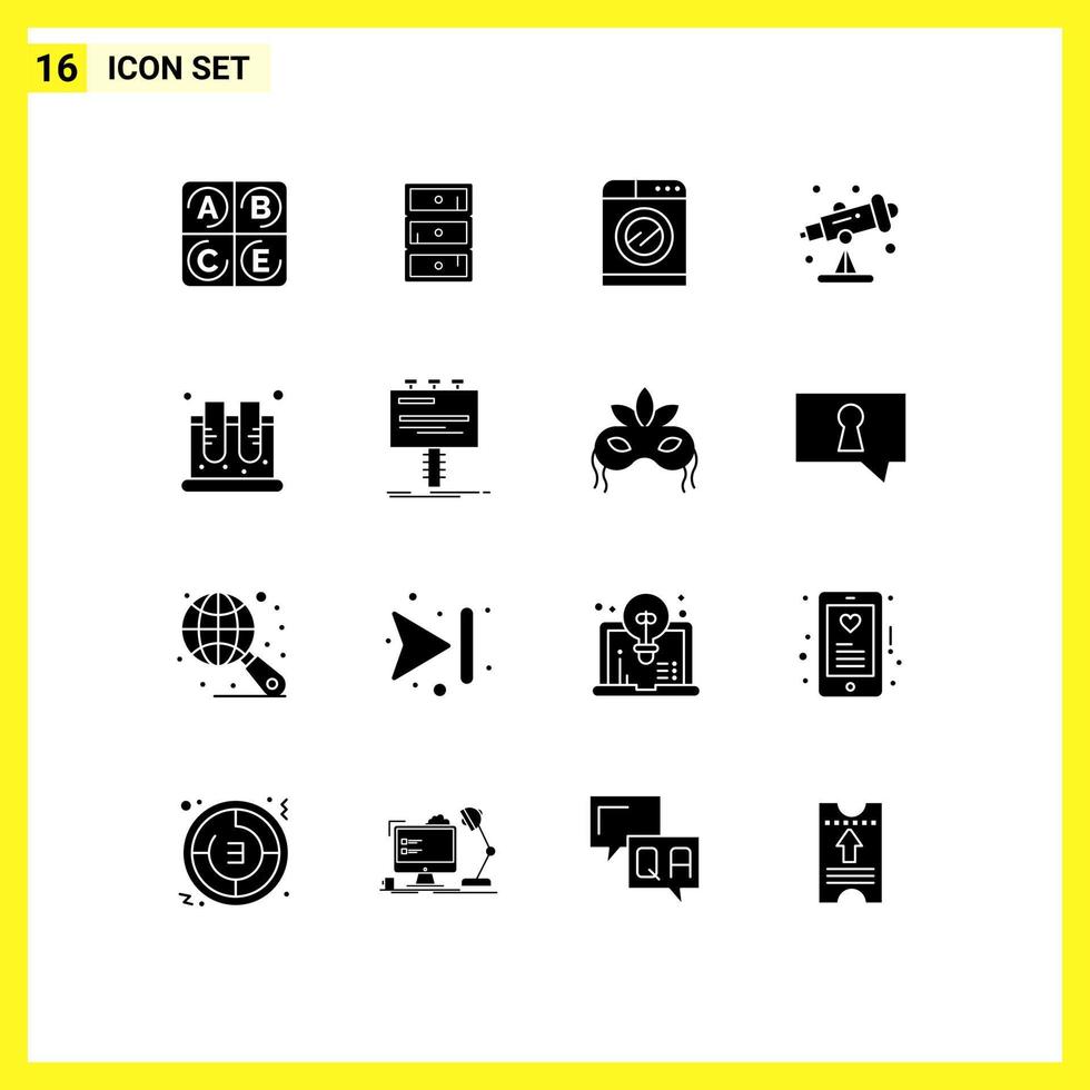Pack of 16 Modern Solid Glyphs Signs and Symbols for Web Print Media such as science jar technology chemistry school Editable Vector Design Elements