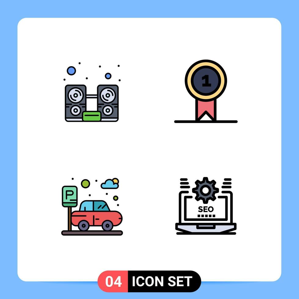 4 Universal Filledline Flat Color Signs Symbols of computer parking speaker st seo Editable Vector Design Elements