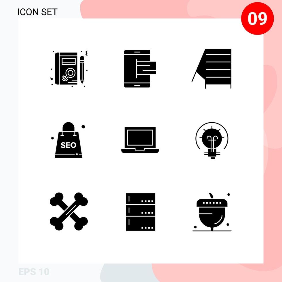 Solid Glyph Pack of 9 Universal Symbols of laptop seo package pay seo complex Editable Vector Design Elements