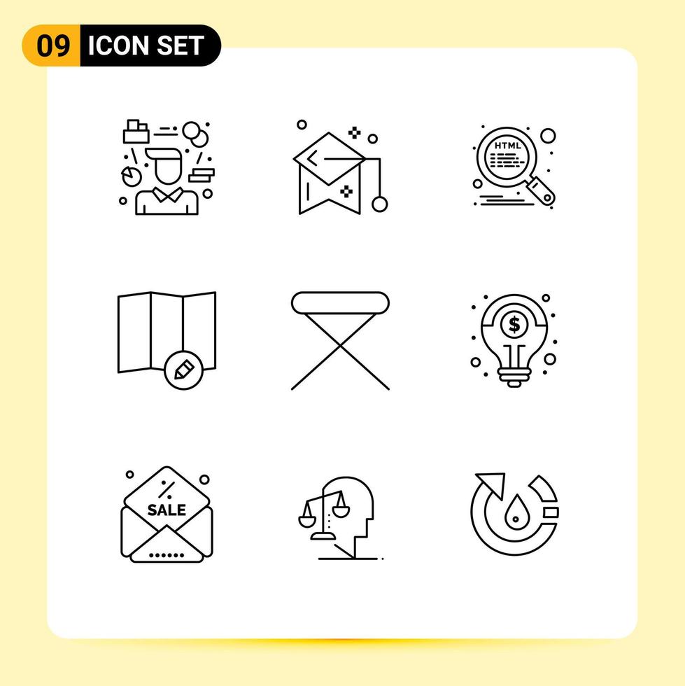 9 Universal Outline Signs Symbols of furniture map mortarboard edit search Editable Vector Design Elements