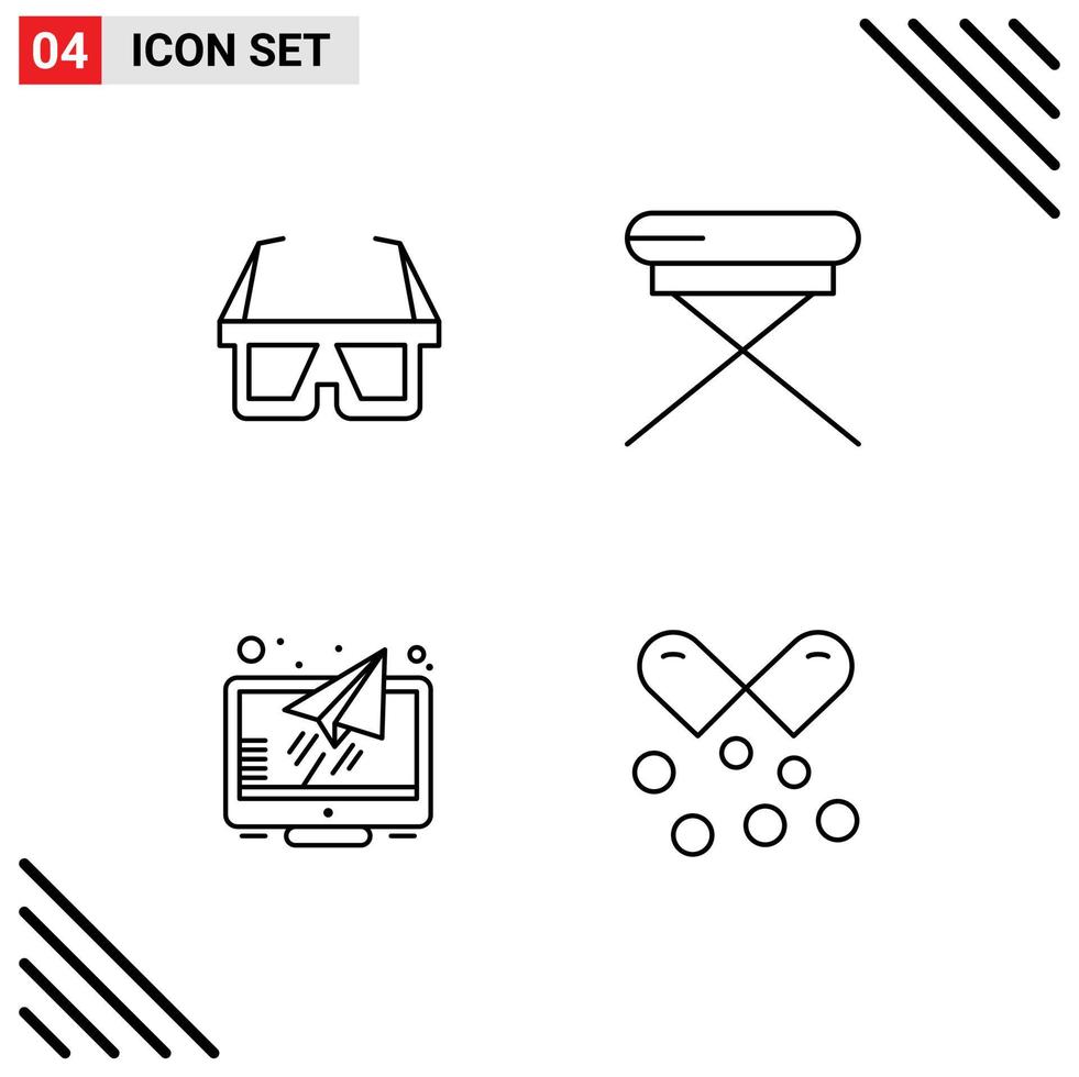 Line Pack of 4 Universal Symbols of glasses monitor stereo interior screen Editable Vector Design Elements