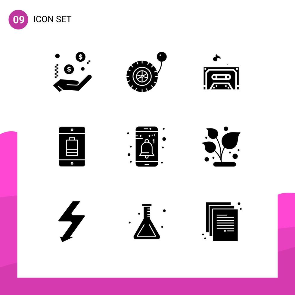 Pictogram Set of 9 Simple Solid Glyphs of notification app sound mobile device Editable Vector Design Elements