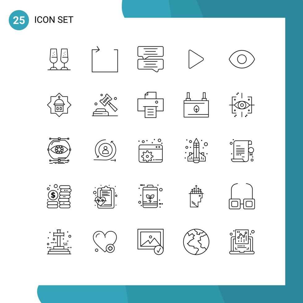 25 Thematic Vector Lines and Editable Symbols of tower view chat eye play Editable Vector Design Elements