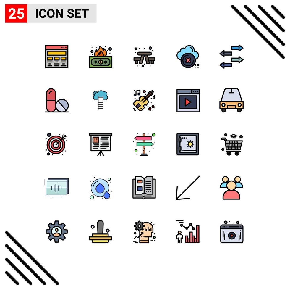 User Interface Pack of 25 Basic Filled line Flat Colors of cross close money delete travel Editable Vector Design Elements