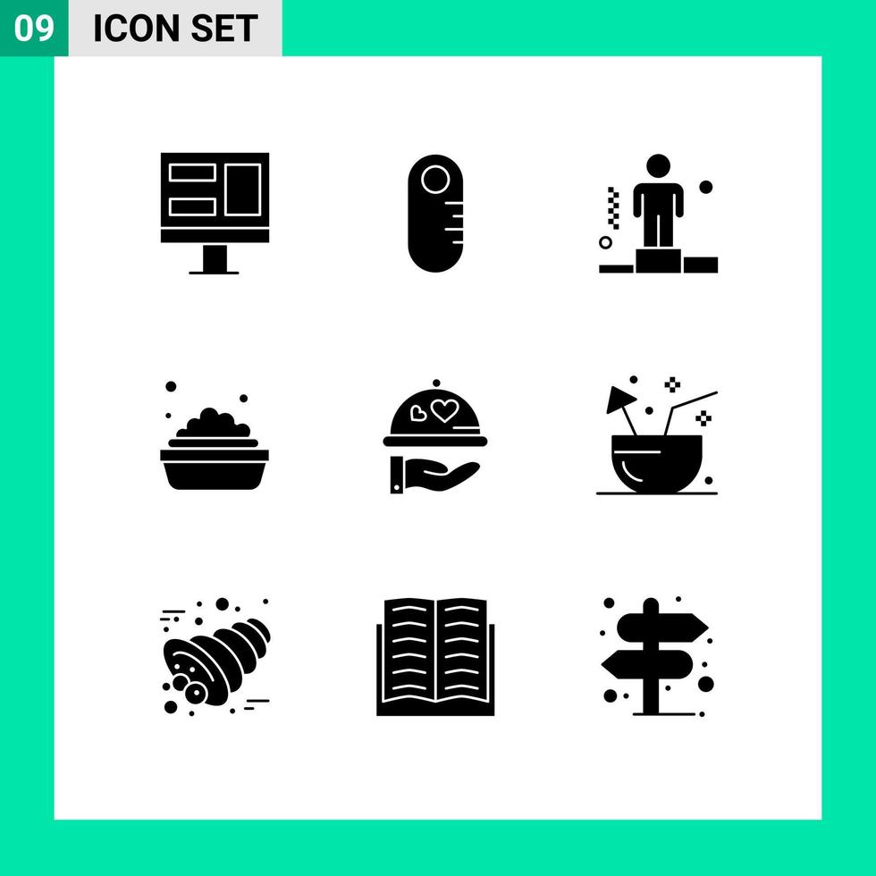 paquete de 9 signos y símbolos de glifos sólidos modernos para medios de impresión web, como bodas de coco, amor corporativo, lavado de elementos de diseño de vectores editables